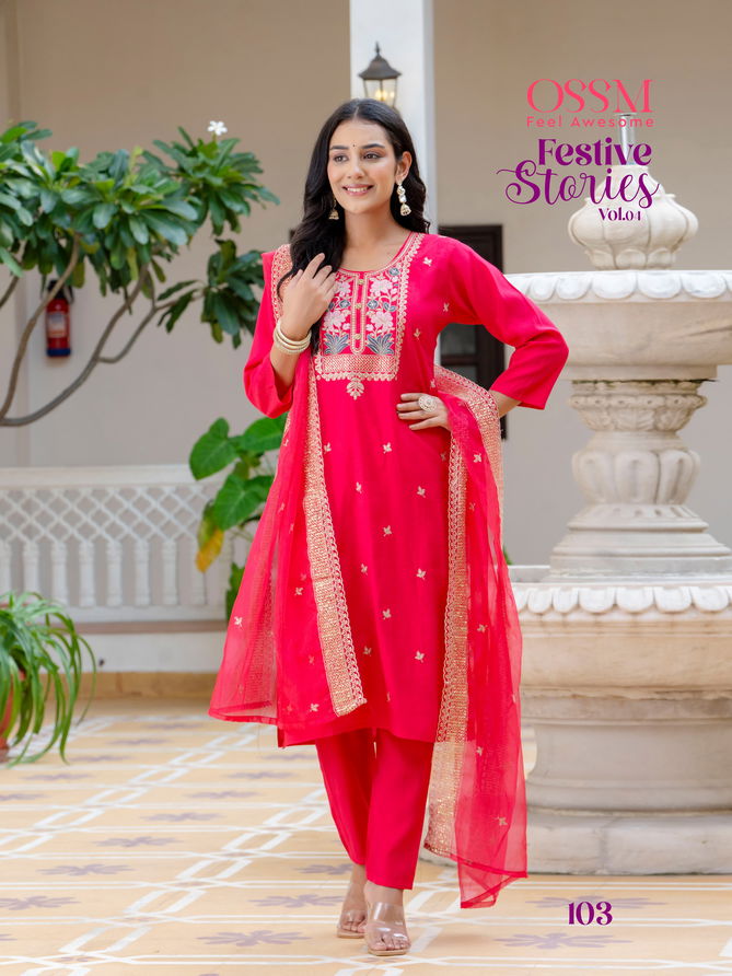 Festive Stories Vol 04 By Ossm Embroidery Roman Silk Readymade Suits Suppliers In India